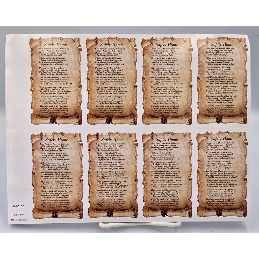 Safely Home Memorial Poem Sheets 8-Up Scroll Design 875M 8UP USA Made 15 ct.
